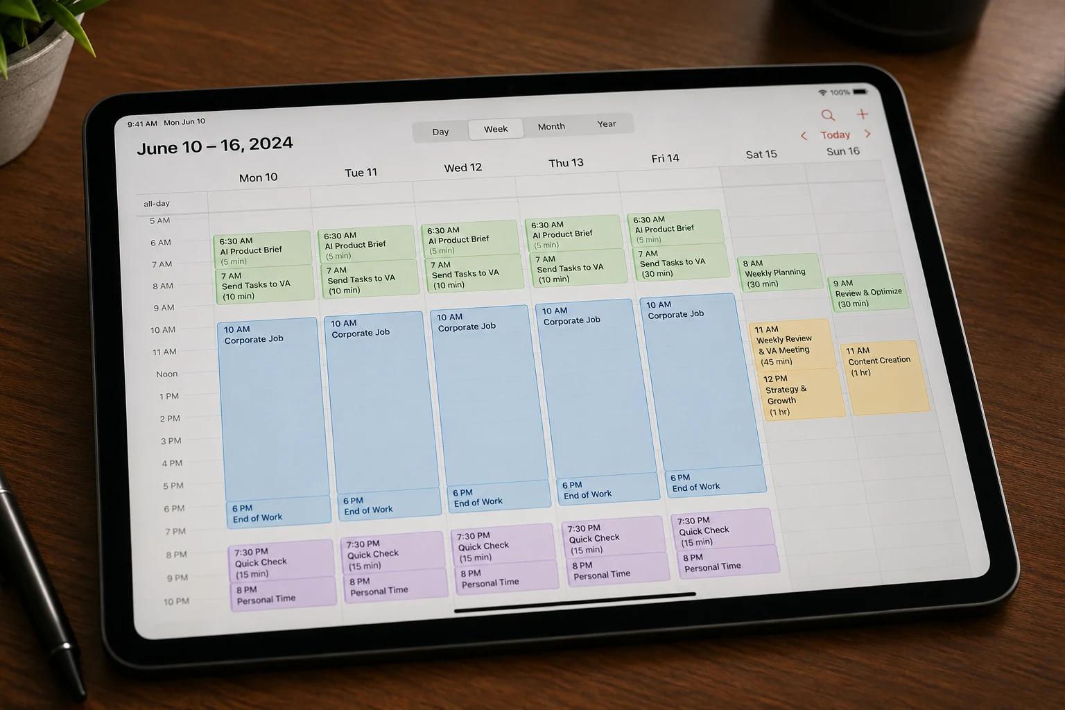 Old way calendar filled with corporate work, Amazon product research, VA tasks, planning, review, and personal time
