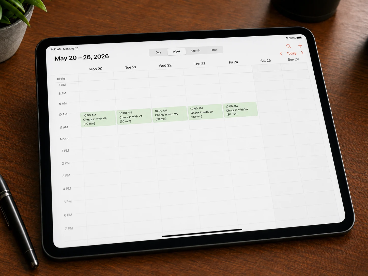New way calendar with only short check-ins with a virtual assistant across the week